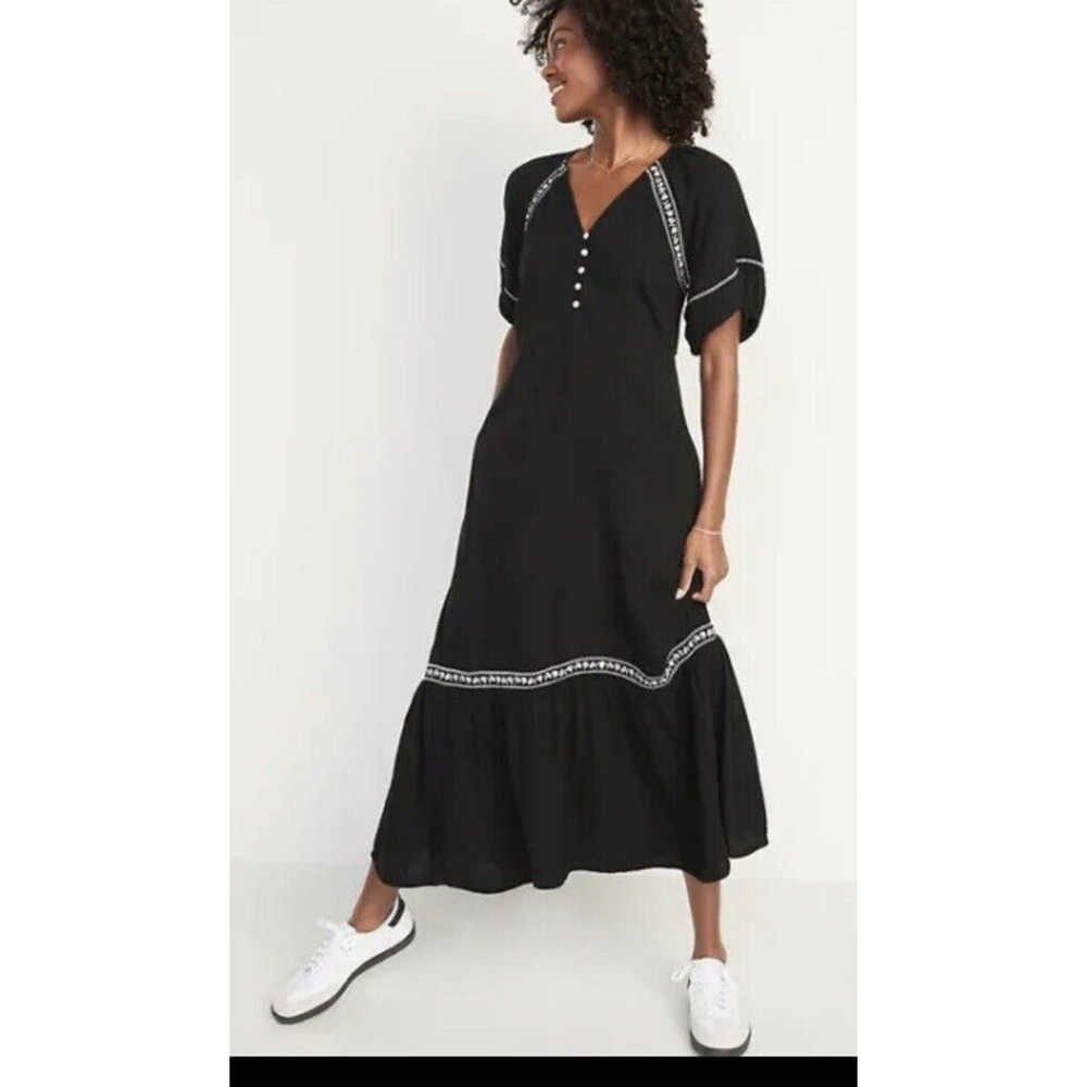 Old Navy Maxi Dress Womens XL Pockets Black Embroidered Short Sleeve Cotton